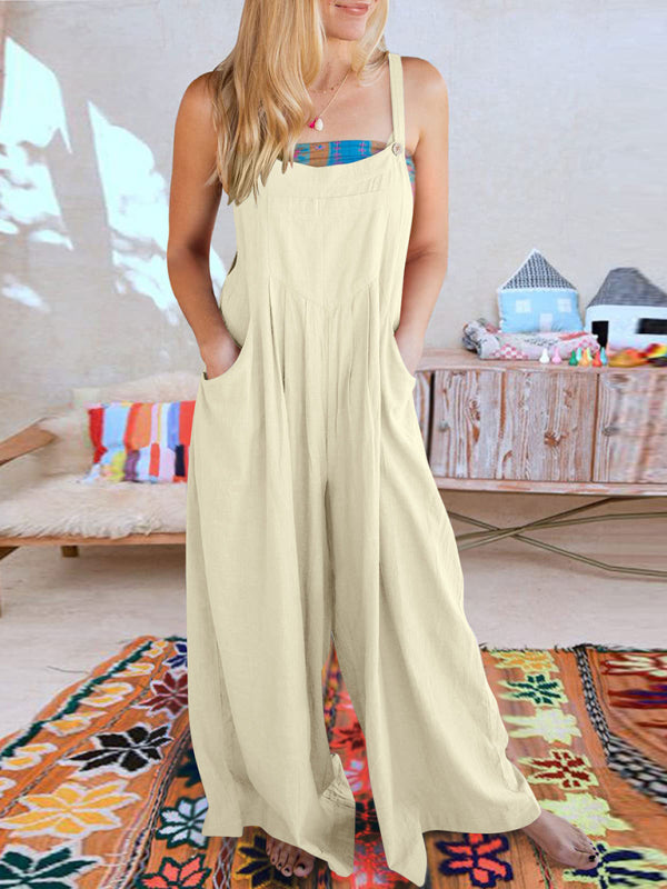 Jumpsuit- Solid Cotton Linen Wide-Leg Pantsuits - Jumpsuit Bib Overalls- - Pekosa Women Clothing