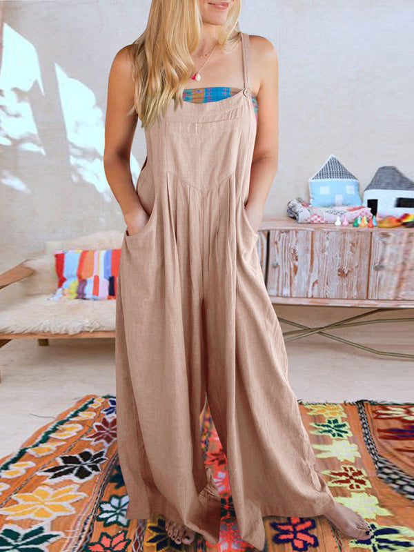 Jumpsuit- Solid Cotton Linen Wide-Leg Pantsuits - Jumpsuit Bib Overalls- Lotus root Pink- Pekosa Women Clothing