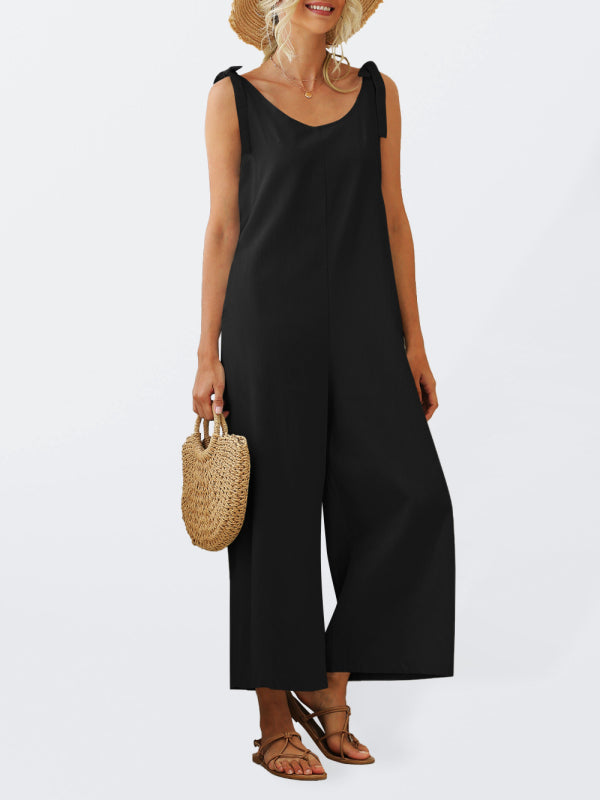 Jumpsuit- Solid Cotton Tie-Shoulders Overalls Pantsuits - Jumpsuits- Black- Pekosa Women Clothing