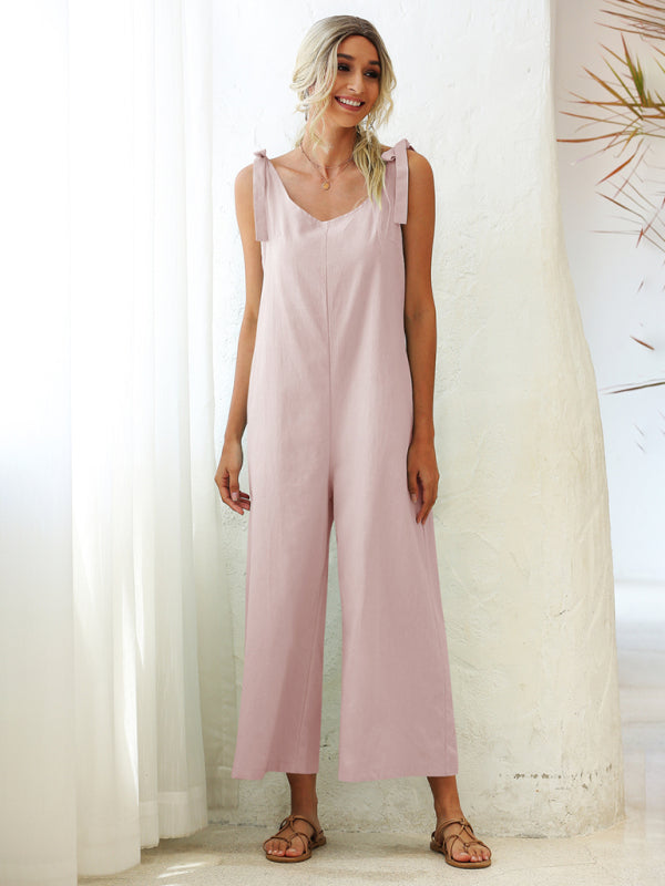 Jumpsuit- Solid Cotton Tie-Shoulders Overalls Pantsuits - Jumpsuits- Pink- Pekosa Women Clothing