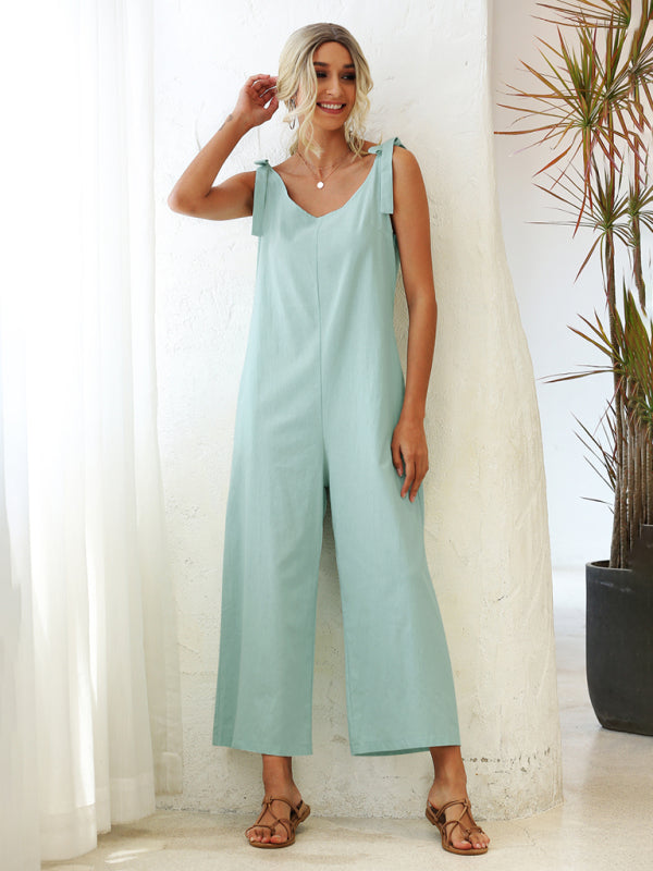 Jumpsuit- Solid Cotton Tie-Shoulders Overalls Pantsuits - Jumpsuits- Pale green- Pekosa Women Clothing