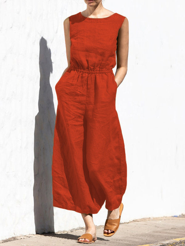 Jumpsuit- Solid Cotton Wide-Leg Jumpsuit - Elastic Waist Pantsuits- Orange Red- Pekosa Women Clothing