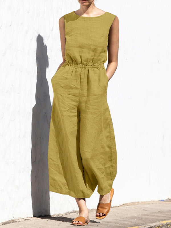 Jumpsuit- Solid Cotton Wide-Leg Jumpsuit - Elastic Waist Pantsuits- Yellow- Pekosa Women Clothing