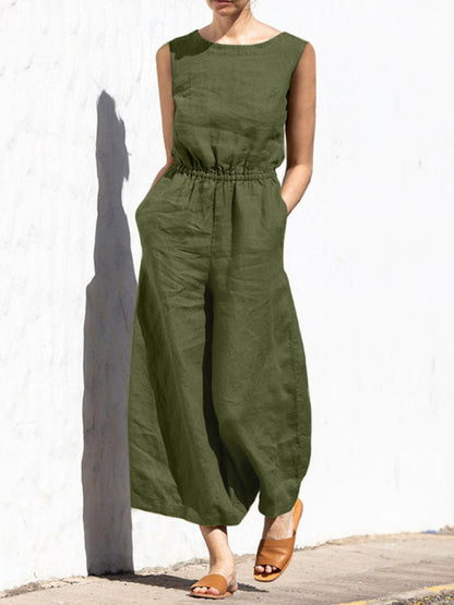 Jumpsuit- Solid Cotton Wide-Leg Jumpsuit - Elastic Waist Pantsuits- Olive green- Pekosa Women Clothing