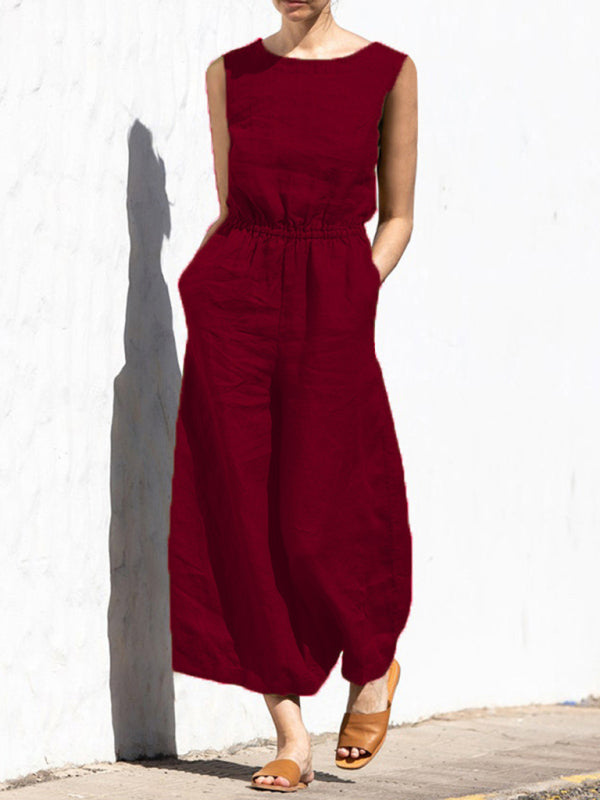 Jumpsuit- Solid Cotton Wide-Leg Jumpsuit - Elastic Waist Pantsuits- Wine Red- Pekosa Women Clothing