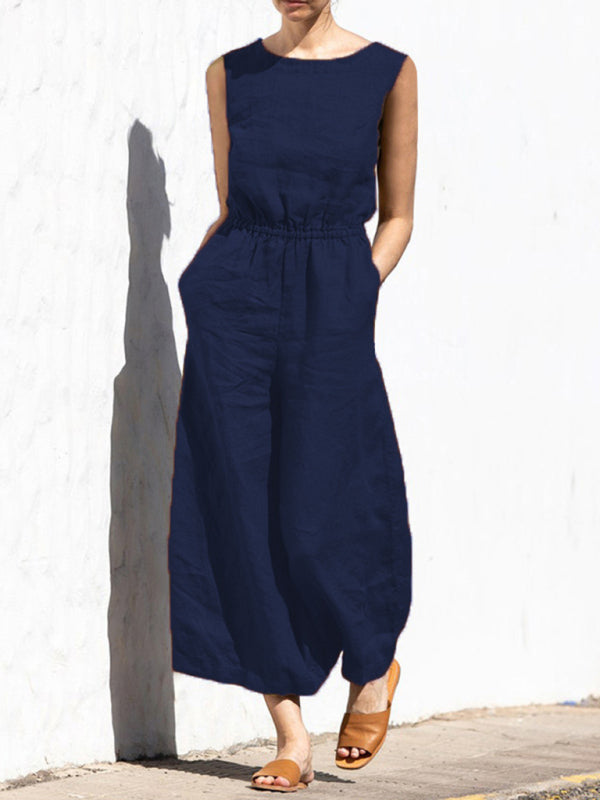 Jumpsuit- Solid Cotton Wide-Leg Jumpsuit - Elastic Waist Pantsuits- Blue navy- Pekosa Women Clothing