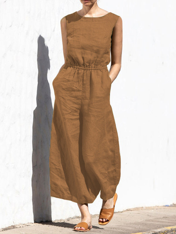 Jumpsuit- Solid Cotton Wide-Leg Jumpsuit - Elastic Waist Pantsuits- Camel- Pekosa Women Clothing