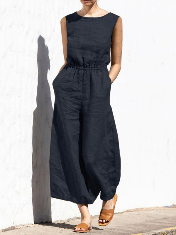 Jumpsuit- Solid Cotton Wide-Leg Jumpsuit - Elastic Waist Pantsuits- Black- Pekosa Women Clothing