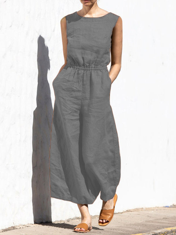 Jumpsuit- Solid Cotton Wide-Leg Jumpsuit - Elastic Waist Pantsuits- Grey- Pekosa Women Clothing