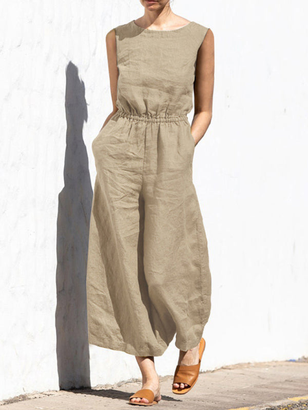 Jumpsuit- Solid Cotton Wide-Leg Jumpsuit - Elastic Waist Pantsuits- Khaki- Pekosa Women Clothing