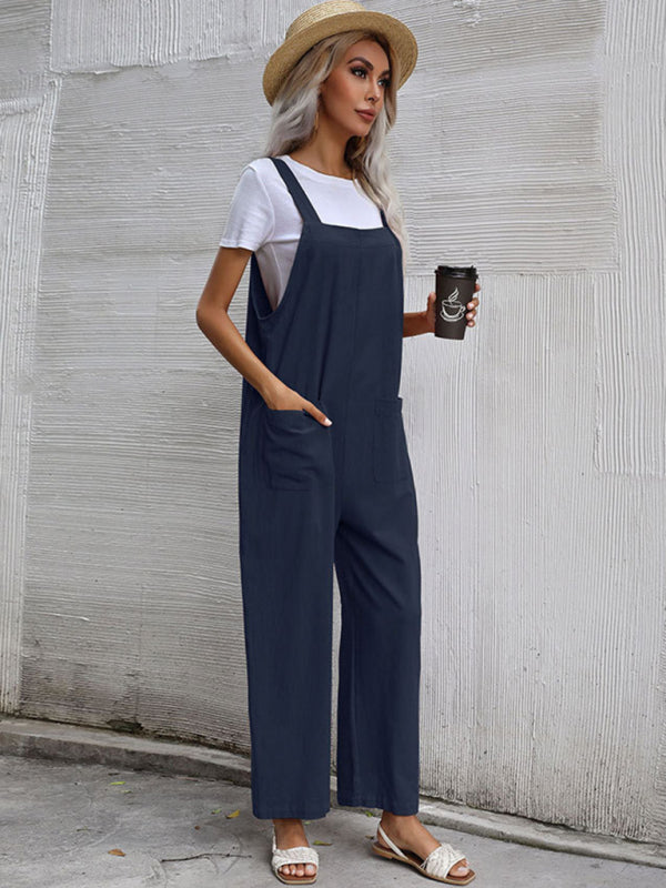 Jumpsuit- Solid Loose Bib Overalls - Flowy Harem Pantsuits- Navy Blue- Pekosa Women Clothing