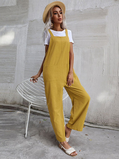 Jumpsuit- Solid Loose Bib Overalls - Flowy Harem Pantsuits- Yellow- Pekosa Women Clothing