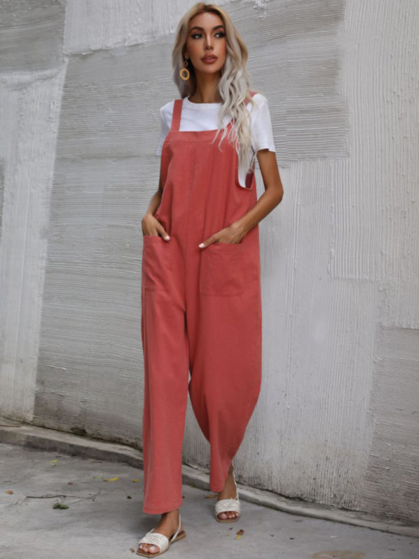 Jumpsuit- Solid Loose Bib Overalls - Flowy Harem Pantsuits- - Pekosa Women Clothing