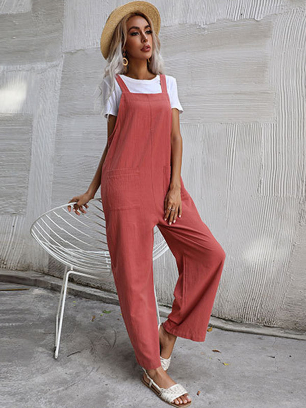 Jumpsuit- Solid Loose Bib Overalls - Flowy Harem Pantsuits- - Pekosa Women Clothing