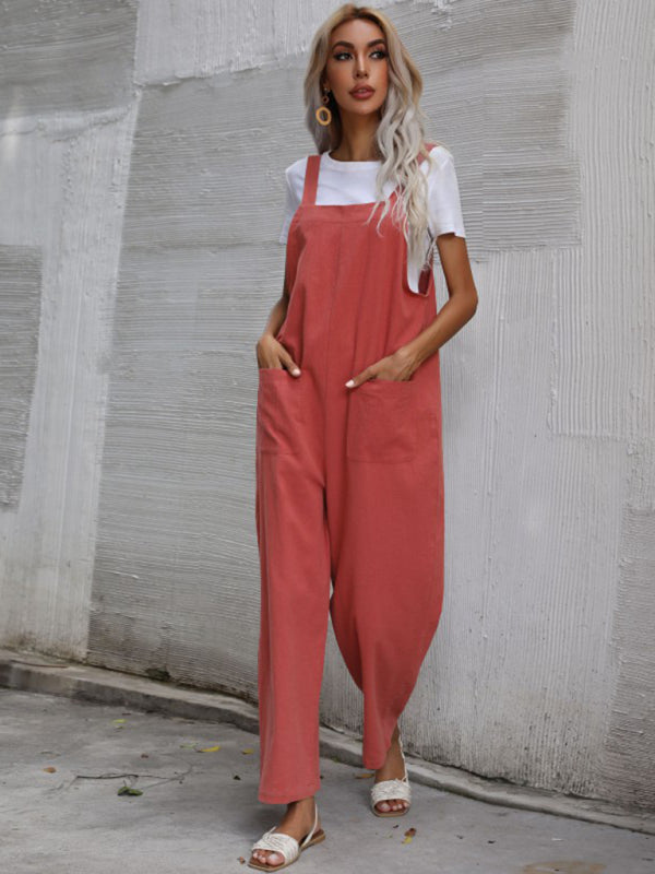 Jumpsuit- Solid Loose Bib Overalls - Flowy Harem Pantsuits- - Pekosa Women Clothing