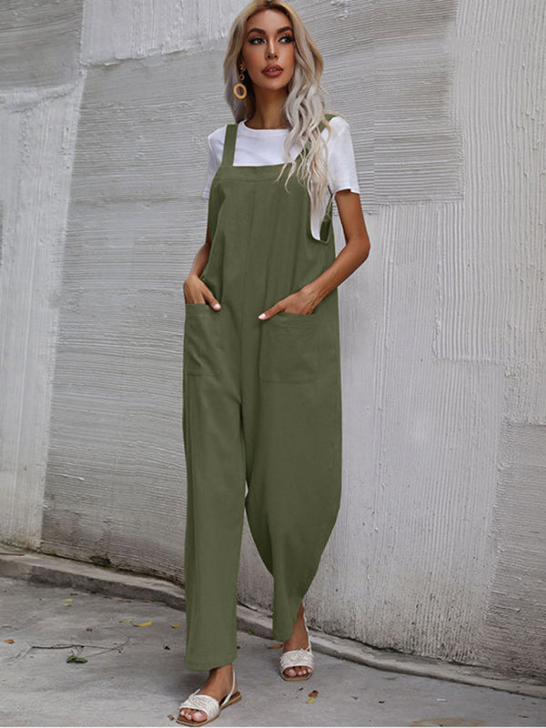 Jumpsuit- Solid Loose Bib Overalls - Flowy Harem Pantsuits- Green- Pekosa Women Clothing