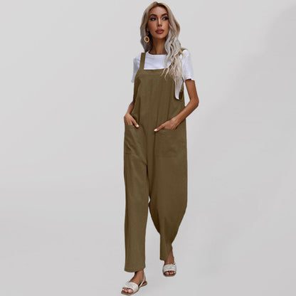 Jumpsuit- Solid Loose Bib Overalls - Flowy Harem Pantsuits- Olive green- Pekosa Women Clothing