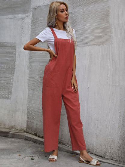 Jumpsuit- Solid Loose Bib Overalls - Flowy Harem Pantsuits- - Pekosa Women Clothing