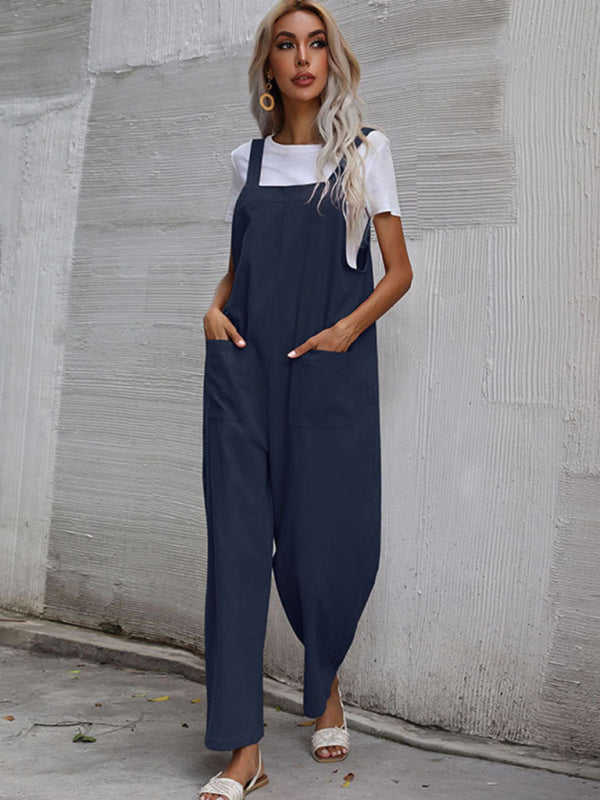 Jumpsuit- Solid Loose Bib Overalls - Flowy Harem Pantsuits- - Pekosa Women Clothing