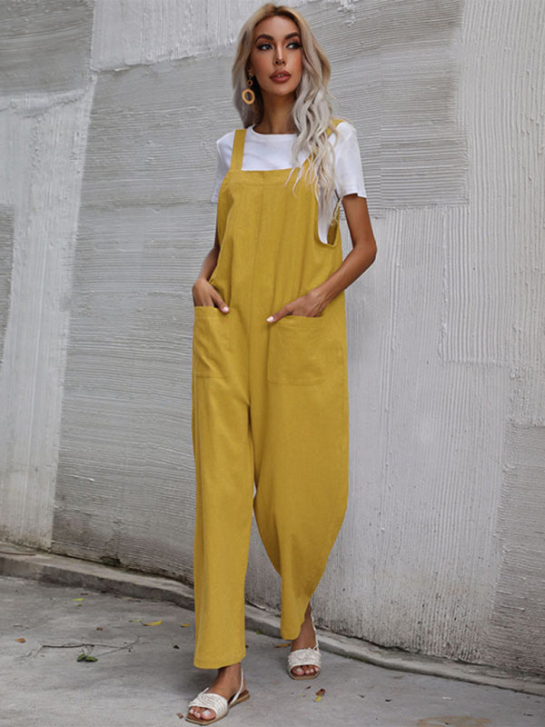 Jumpsuit- Solid Loose Bib Overalls - Flowy Harem Pantsuits- - Pekosa Women Clothing