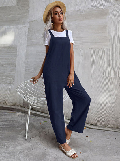 Jumpsuit- Solid Loose Bib Overalls - Flowy Harem Pantsuits- - Pekosa Women Clothing