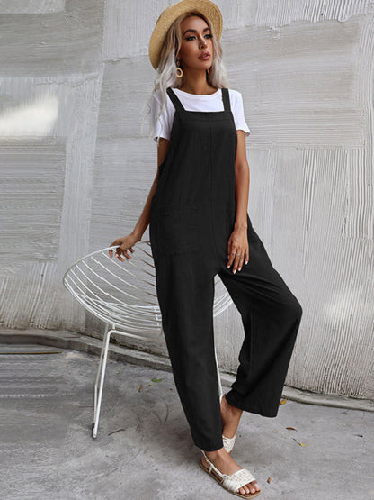 Jumpsuit- Solid Loose Bib Overalls - Flowy Harem Pantsuits- - Pekosa Women Clothing