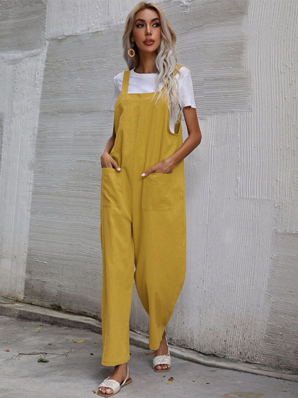 Jumpsuit- Solid Loose Bib Overalls - Flowy Harem Pantsuits- - Pekosa Women Clothing