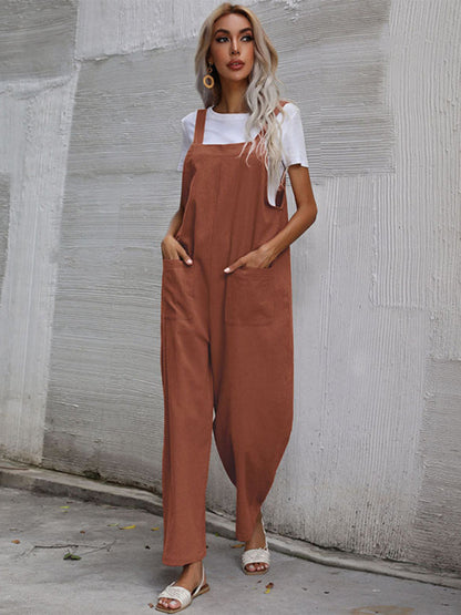 Jumpsuit- Solid Loose Bib Overalls - Flowy Harem Pantsuits- Coffee- Pekosa Women Clothing