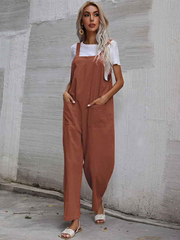 Jumpsuit- Solid Loose Bib Overalls - Flowy Harem Pantsuits- - Pekosa Women Clothing