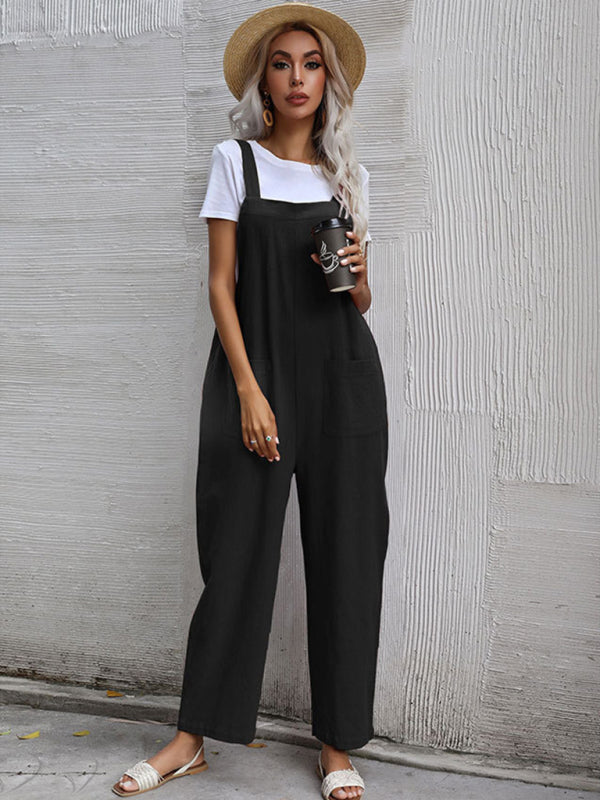 Jumpsuit- Solid Loose Bib Overalls - Flowy Harem Pantsuits- Black- Pekosa Women Clothing