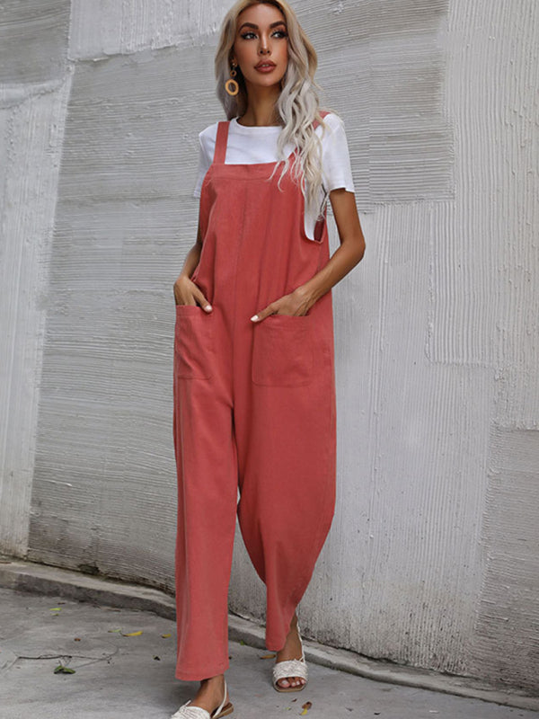 Jumpsuit- Solid Loose Bib Overalls - Flowy Harem Pantsuits- Dark Red- Pekosa Women Clothing