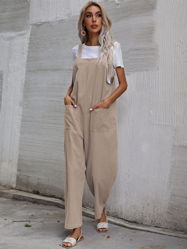 Jumpsuit- Solid Loose Bib Overalls - Flowy Harem Pantsuits- Khaki- Pekosa Women Clothing