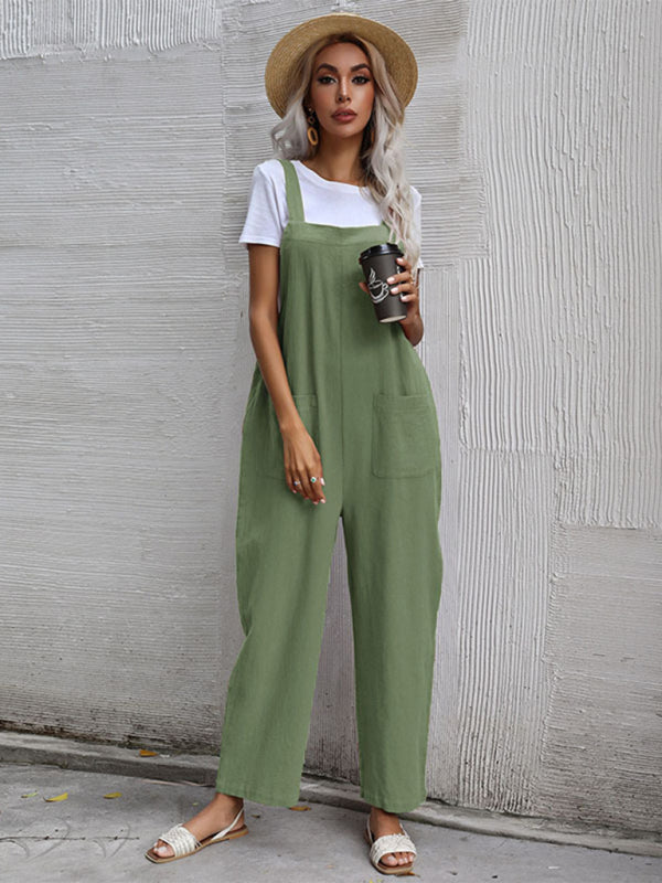 Jumpsuit- Solid Loose Bib Overalls - Flowy Harem Pantsuits- Pale green- Pekosa Women Clothing