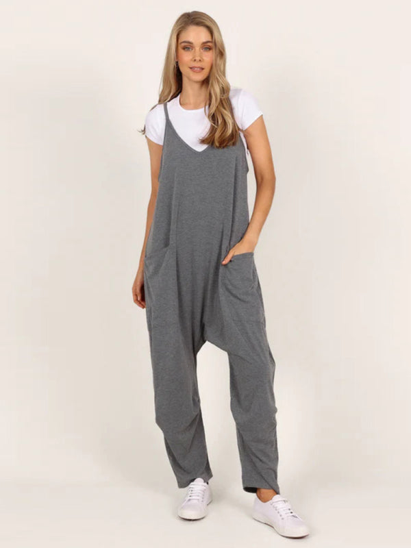 Jumpsuit- Solid Oversized Jumpsuit | Overalls with Pockets- Grey- Pekosa Women Clothing