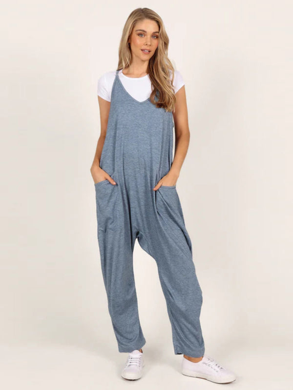 Jumpsuit- Solid Oversized Jumpsuit | Overalls with Pockets- Blue- Pekosa Women Clothing