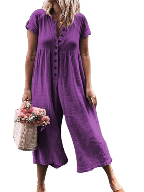 Jumpsuit- Textured Cotton Button Down Wide-Leg Culotte Jumpsuit- Purple- Pekosa Women Clothing