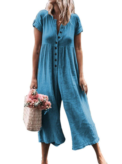 Jumpsuit- Textured Cotton Button Down Wide-Leg Culotte Jumpsuit- Clear blue- Pekosa Women Clothing