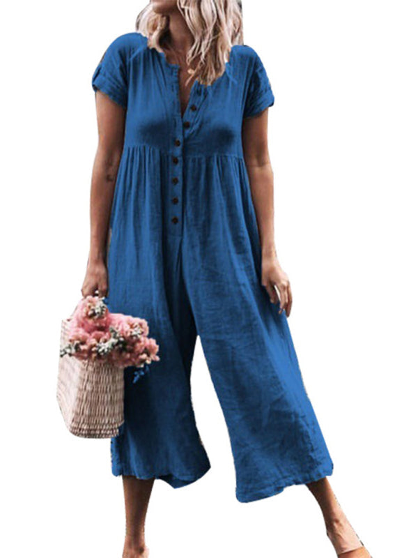 Jumpsuit- Textured Cotton Button Down Wide-Leg Culotte Jumpsuit- Sky blue azure- Pekosa Women Clothing