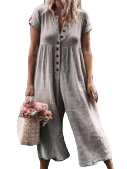 Jumpsuit- Textured Cotton Button Down Wide-Leg Culotte Jumpsuit- Grey- Pekosa Women Clothing