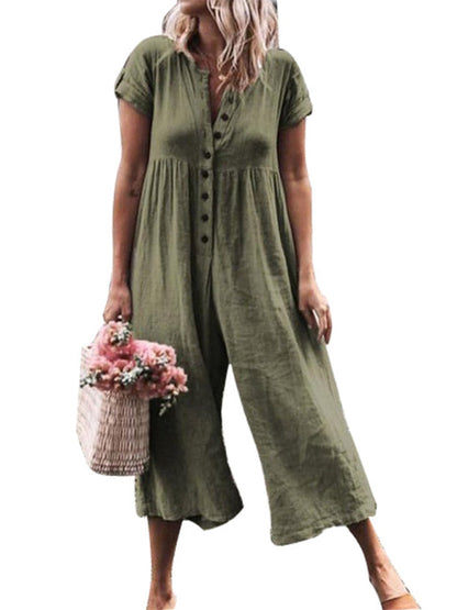 Jumpsuit- Textured Cotton Button Down Wide-Leg Culotte Jumpsuit- Olive green- Pekosa Women Clothing