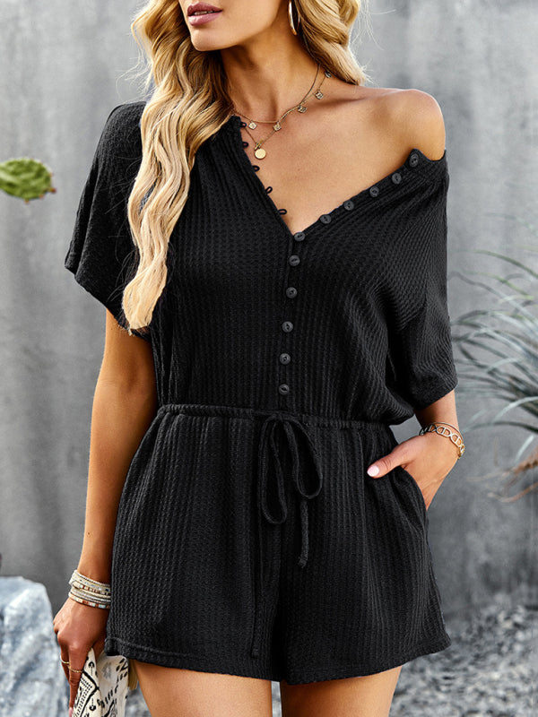 Jumpsuit- Waffle Waist Tie Romper Jumpsuit- - Pekosa Women Clothing