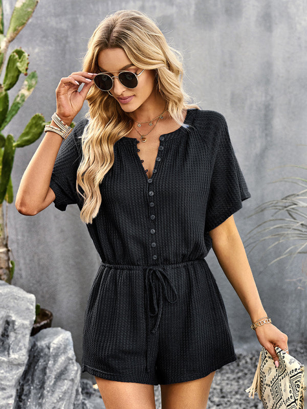 Jumpsuit- Waffle Waist Tie Romper Jumpsuit- - Pekosa Women Clothing