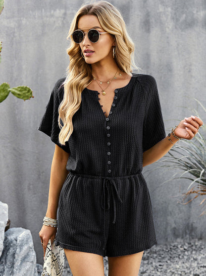 Jumpsuit- Waffle Waist Tie Romper Jumpsuit- Black- Pekosa Women Clothing