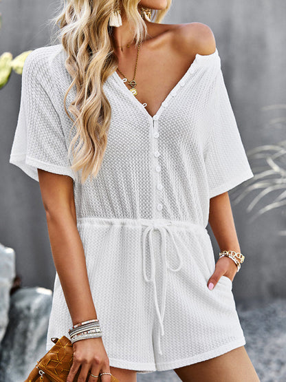 Jumpsuit- Waffle Waist Tie Romper Jumpsuit- - Pekosa Women Clothing