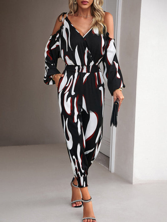 Jumpsuits- Abstract Print Cold Shoulders Long Sleeve Jumpsuit Pantsuit- Black- Pekosa Women Clothing