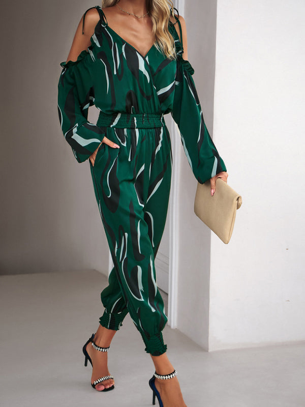 Jumpsuits- Abstract Print Cold Shoulders Long Sleeve Jumpsuit Pantsuit- - Pekosa Women Clothing