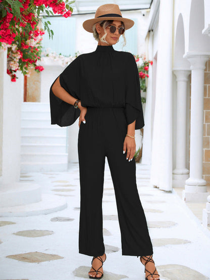 Jumpsuits- All-in-One Outfit: Stand Collar Open Back Jumper - Jumpsuit- Black- Pekosa Women Clothing