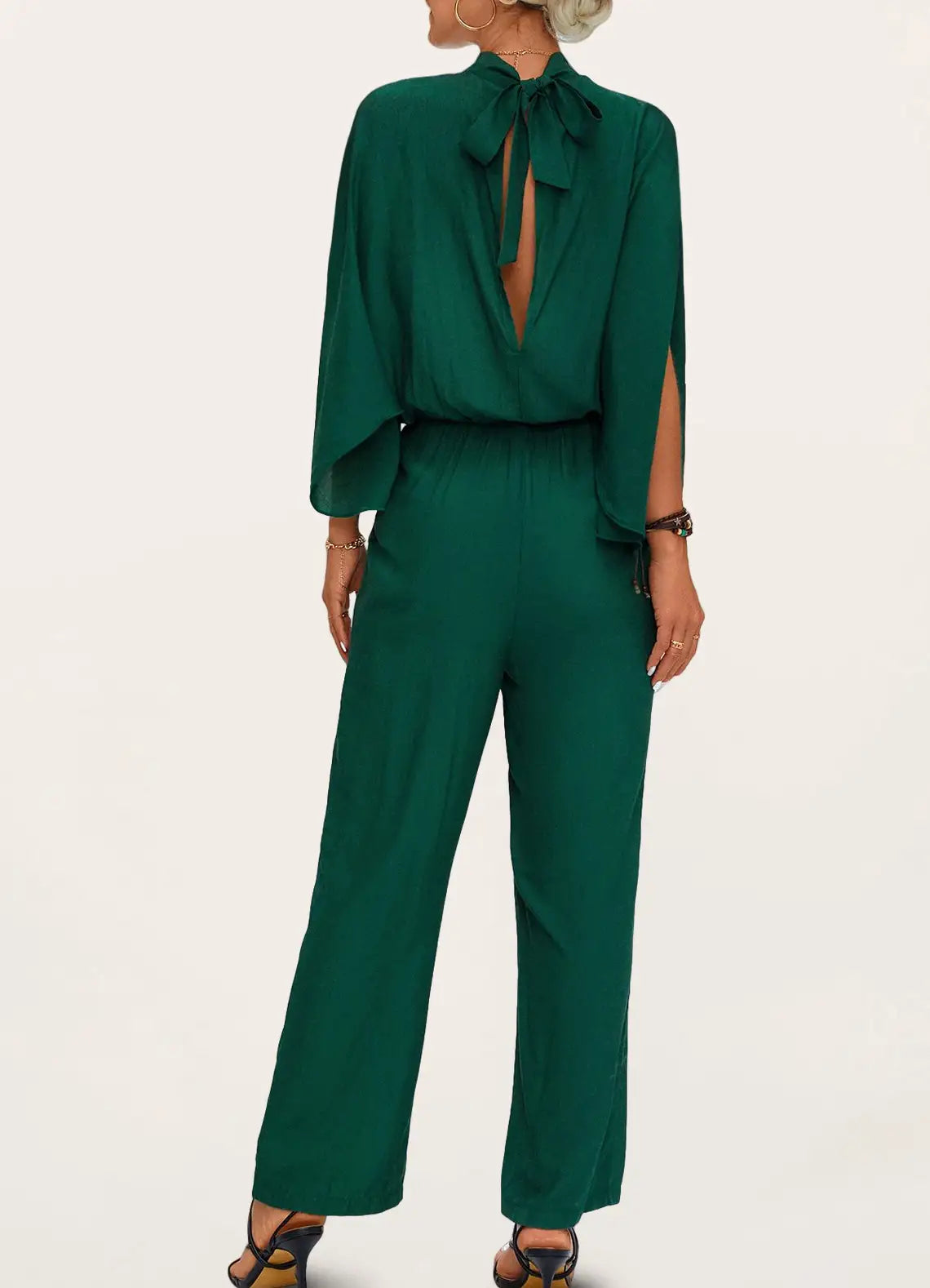 Jumpsuits- All-in-One Outfit: Stand Collar Open Back Jumper - Jumpsuit- - Pekosa Women Clothing