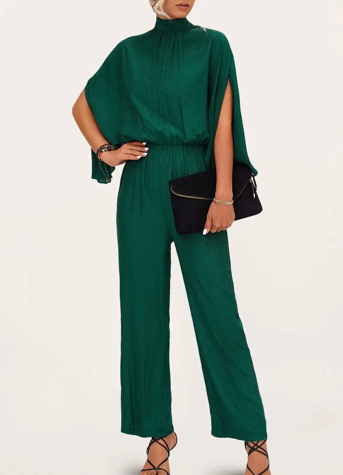 Jumpsuits- All-in-One Outfit: Stand Collar Open Back Jumper - Jumpsuit- - Pekosa Women Clothing