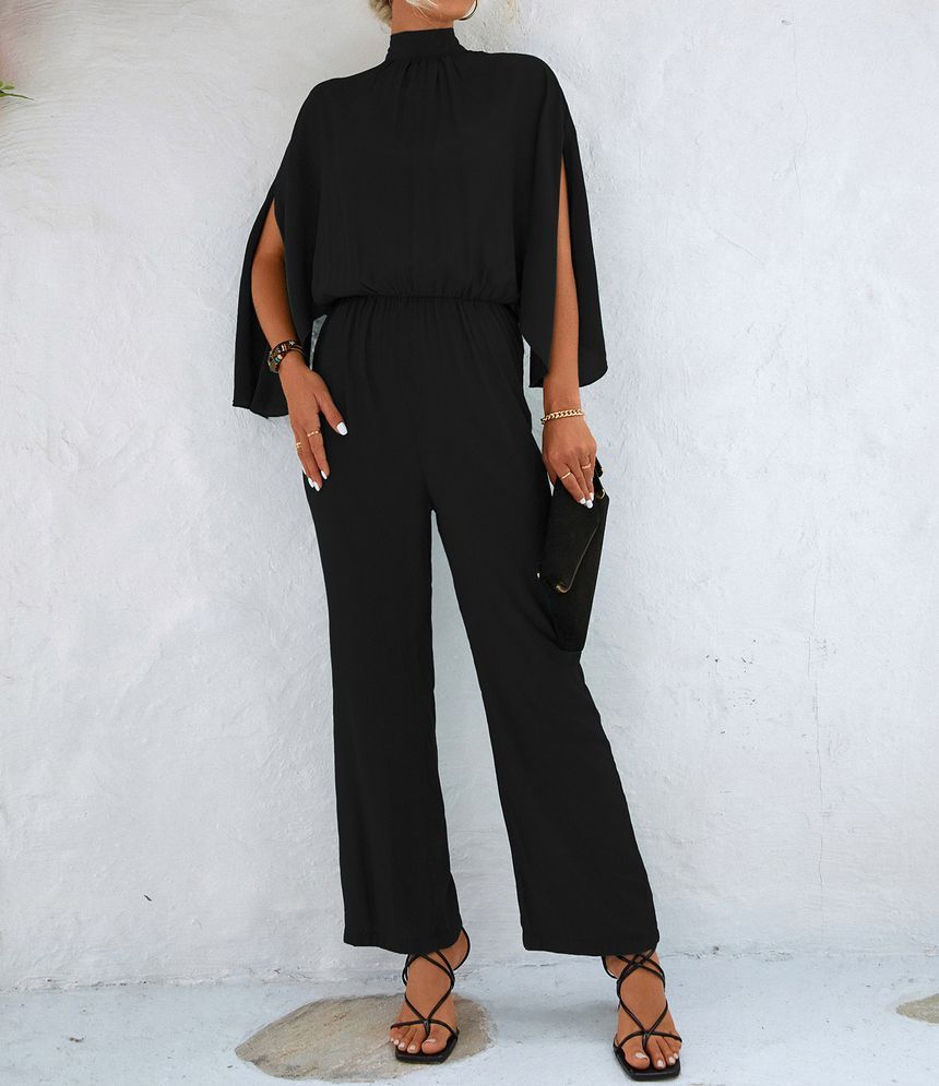 Jumpsuits- All-in-One Outfit: Stand Collar Open Back Jumper - Jumpsuit- - Pekosa Women Clothing